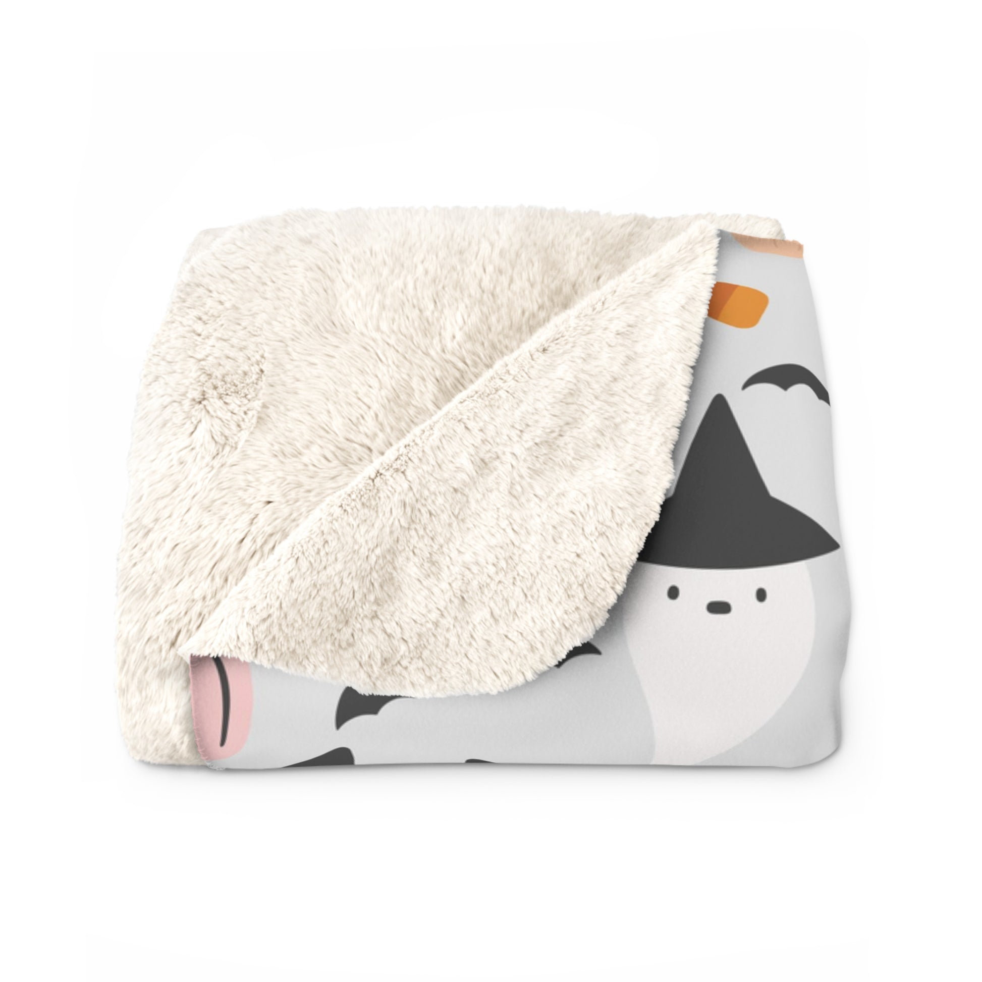 Halloween Whimsical Sherpa Blanket, Ghost Pumpkin Bats Throw Blanket Gray    - HolidayShoppingFinds