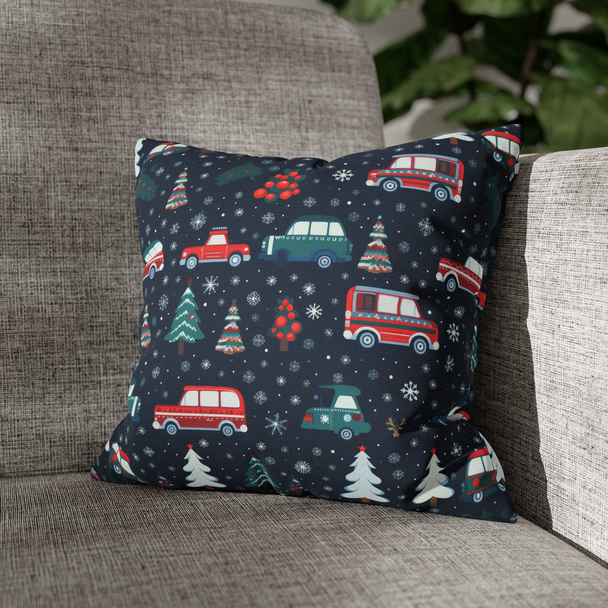 Vanlife Pillow, Camping Holiday Spirit Pillow Case, Cars, Vans & Christmas Trees Décor Blue Pillow Cover, Holiday Gift 14" × 14"   - HolidayShoppingFinds