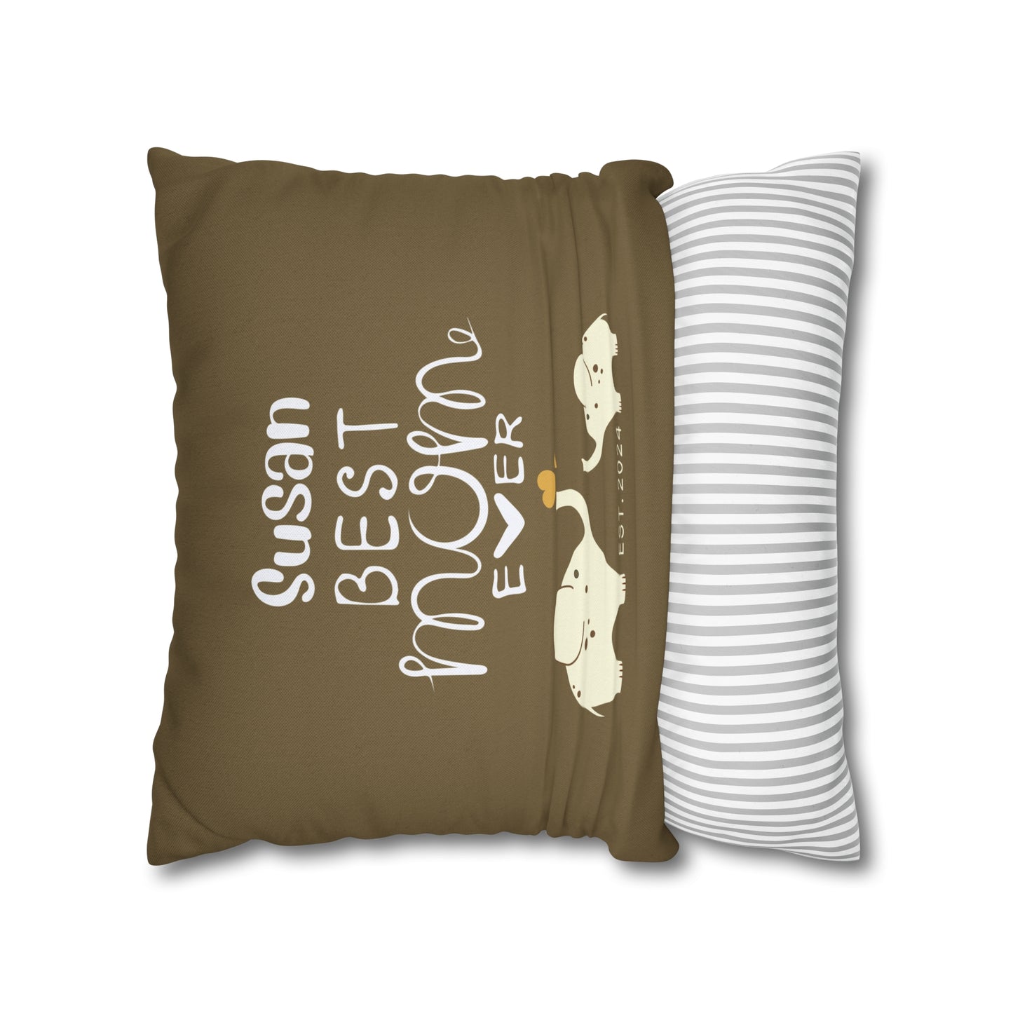 Personalized Best Mom Ever Gift Pillowcase, Gift for Mom, Elephants Khaki Pillow Cover    - HolidayShoppingFinds