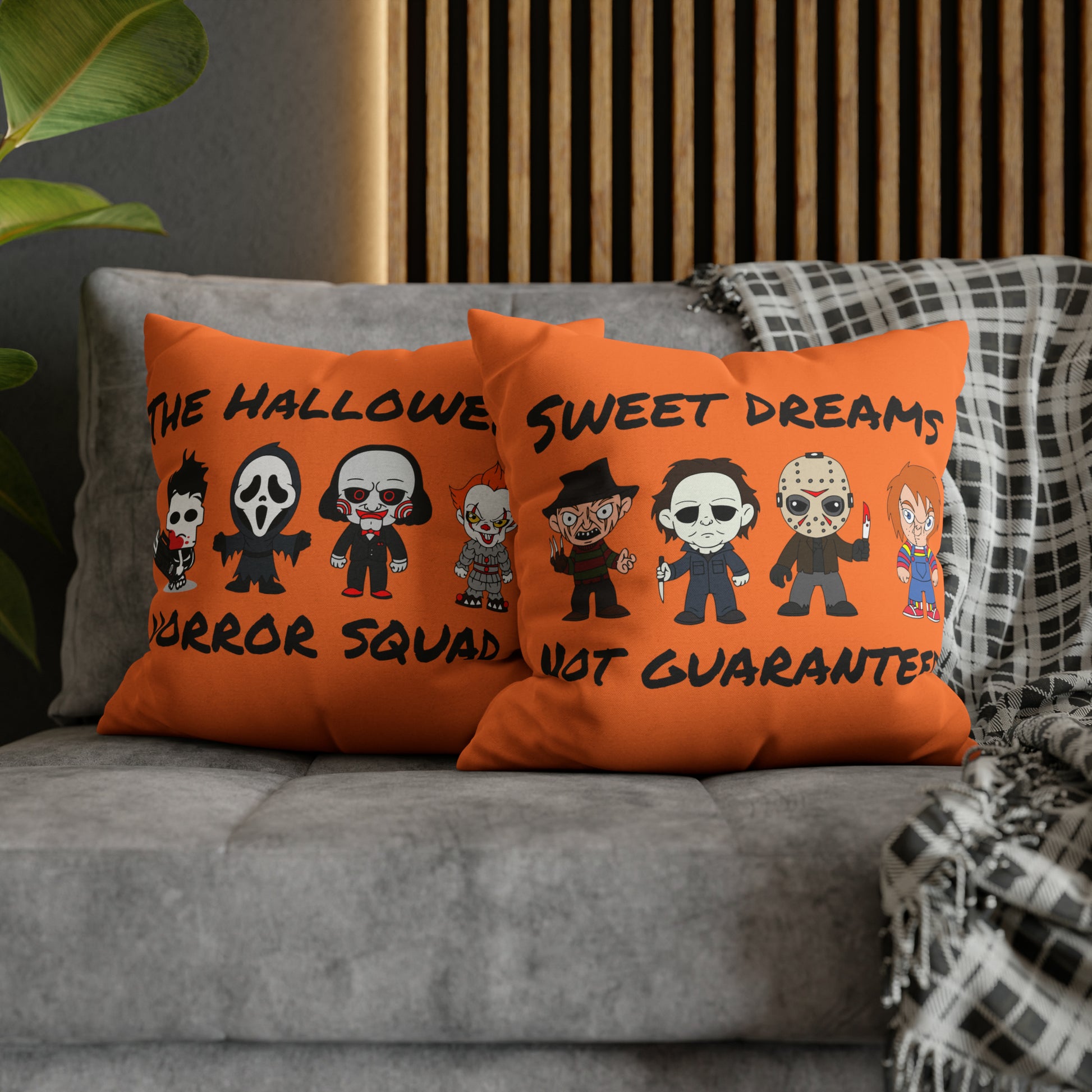 Halloween Horror Movie Characters Pillowcase, Halloween Killers Villains Orange Pillow, Horror Movie Fan Gift Pillow Cover 18" × 18"   - HolidayShoppingFinds