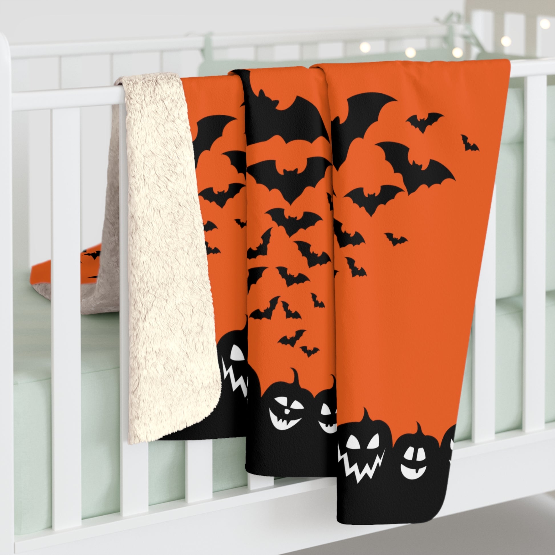 Happy Halloween Sherpa Fleece Blanket, Bats & Pumpkins Orange Throw    - HolidayShoppingFinds