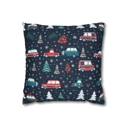 Vanlife Pillow, Camping Holiday Spirit Pillow Case, Cars, Vans & Christmas Trees Décor Blue Pillow Cover, Holiday Gift    - HolidayShoppingFinds