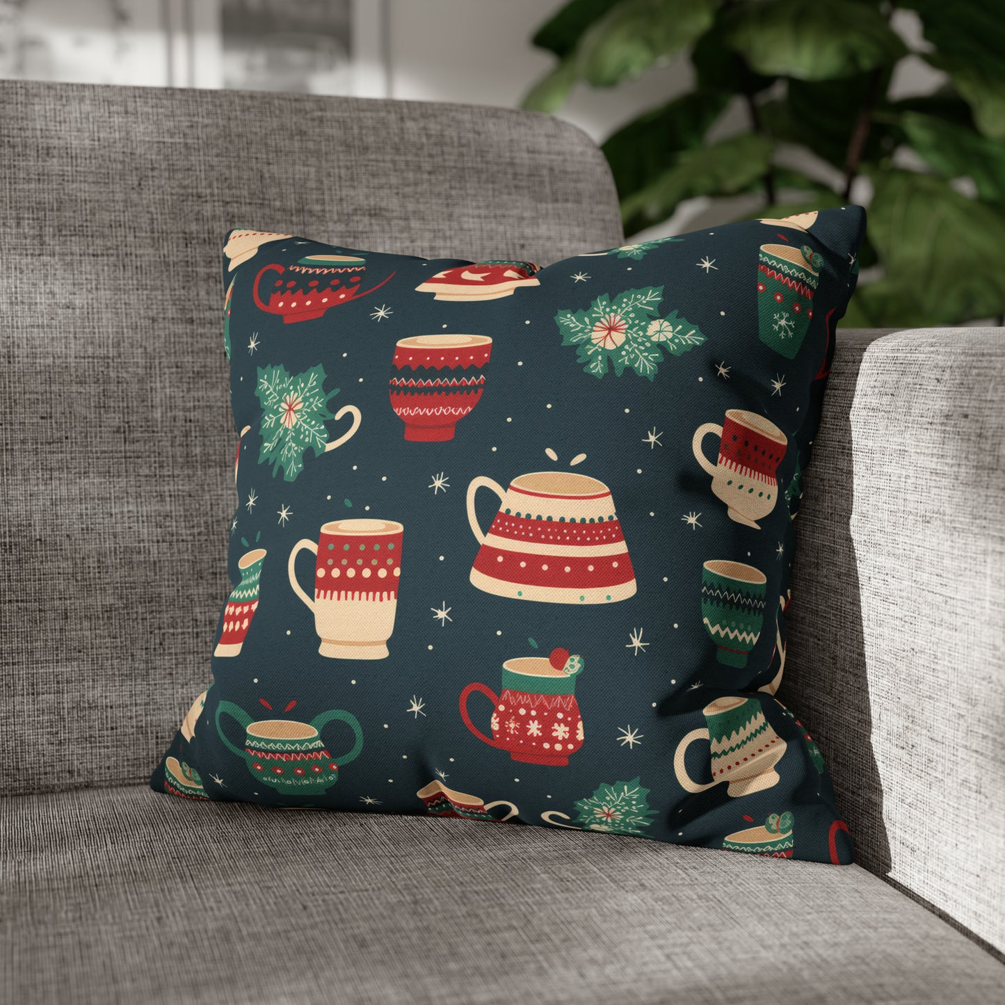 Hot Chocolate Pillowcase, Winter Accent Blue Pillow, Christmast Decoration, Christmas Gift 16" × 16"   - HolidayShoppingFinds