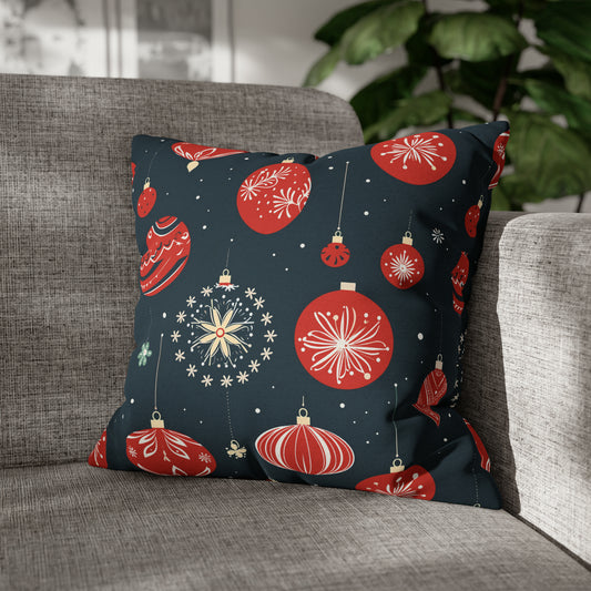 Red Christmas Ornaments Pillowcase, Winter Holiday Blue Accent Pillow Case, Holiday Gift 18" × 18"   - HolidayShoppingFinds