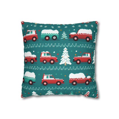 Winter Roadtrip Pillowcase, Snowy Car Teal Pillow Case Cover Vehicle-Themed Cushion Throw    - HolidayShoppingFinds