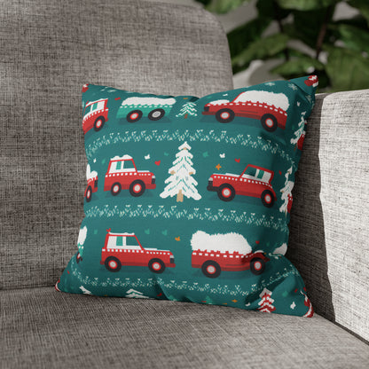 Winter Roadtrip Pillowcase, Snowy Car Teal Pillow Case Cover Vehicle-Themed Cushion Throw 14" × 14"   - HolidayShoppingFinds