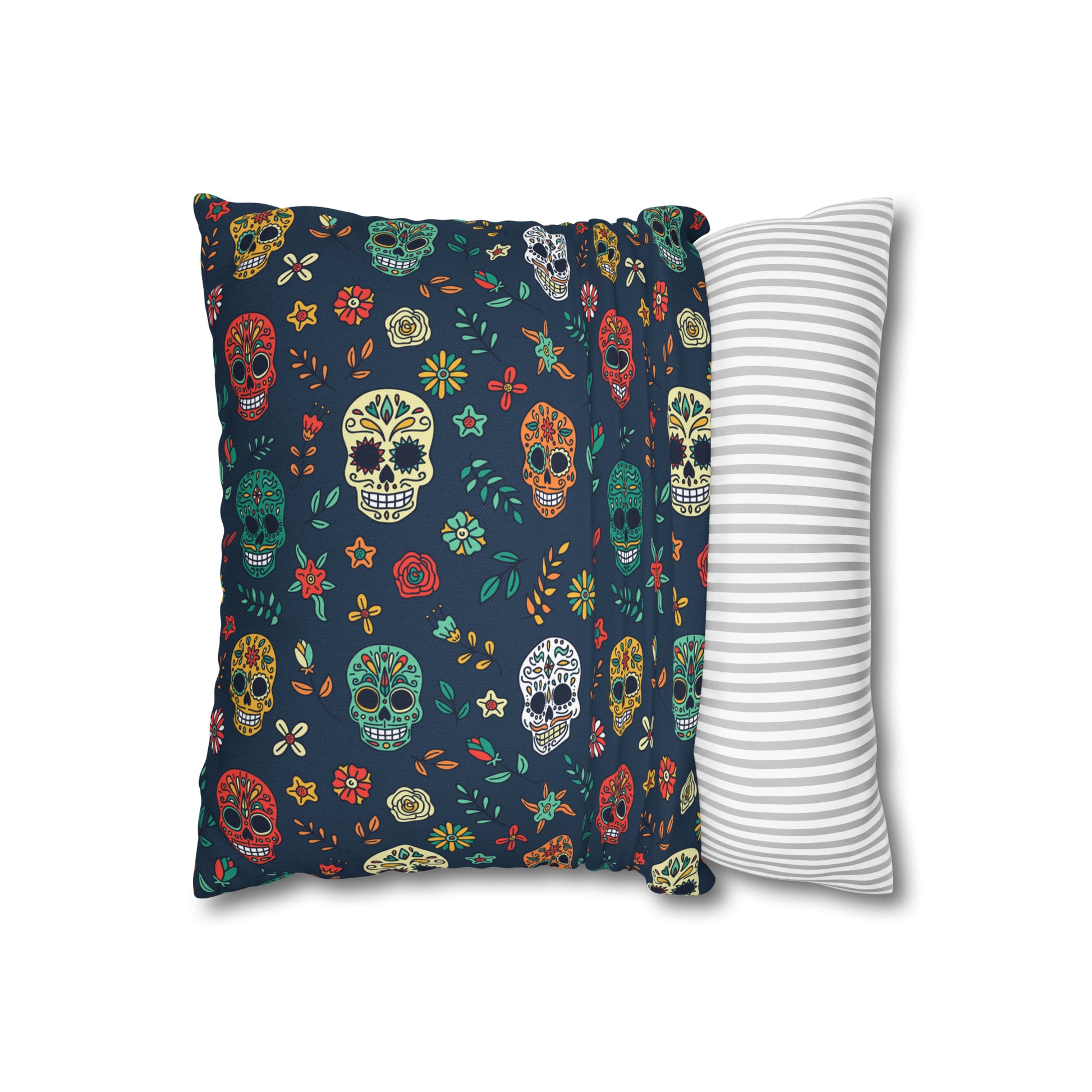 Sugar Skulls Pillowcase, Day of the Dead Pillow, Halloween Accent Blue Pillow Cover, Square Accent Pillow    - HolidayShoppingFinds