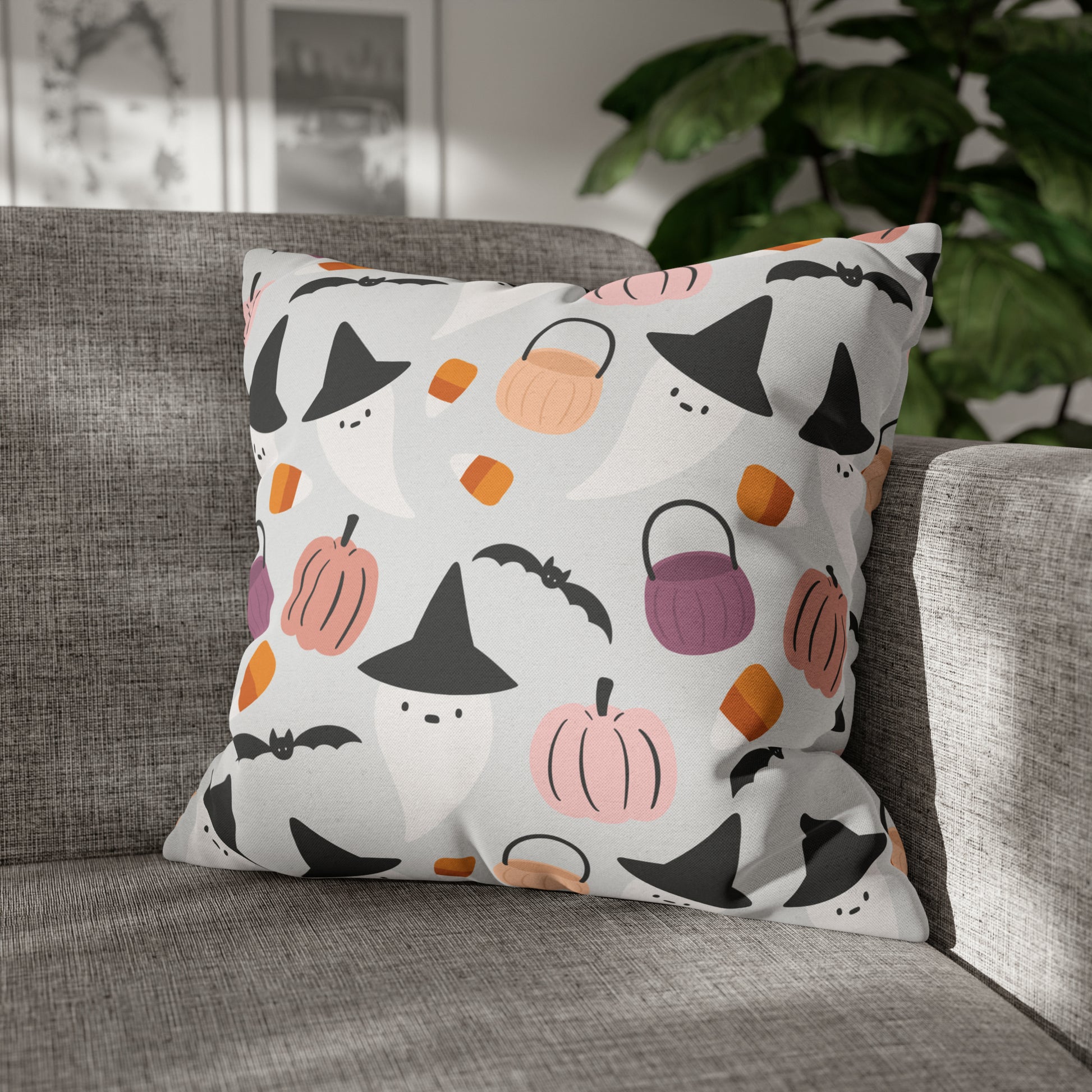 Whimsical Pillowcase, Halloween Ghost Bats Witch Hat Pumpkin Gray Pillow    - HolidayShoppingFinds