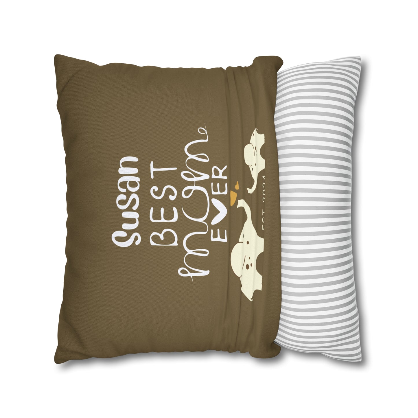 Personalized Best Mom Ever Gift Pillowcase, Gift for Mom, Elephants Khaki Pillow Cover    - HolidayShoppingFinds