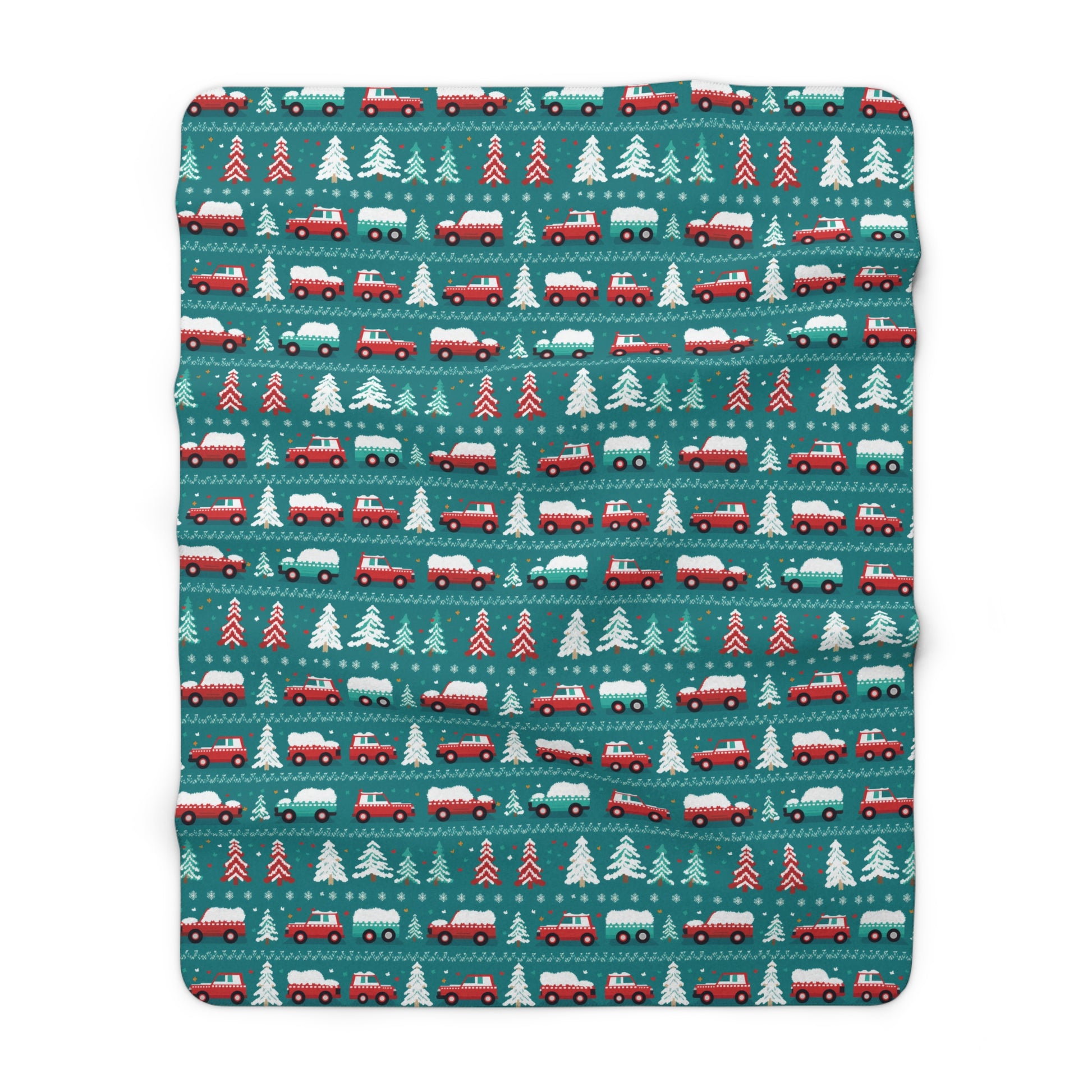 Winter Roadtrip Sherpa Blanket, Snowy Cars Vehicle-Themed Throw Blanket, Teal Blanket    - HolidayShoppingFinds