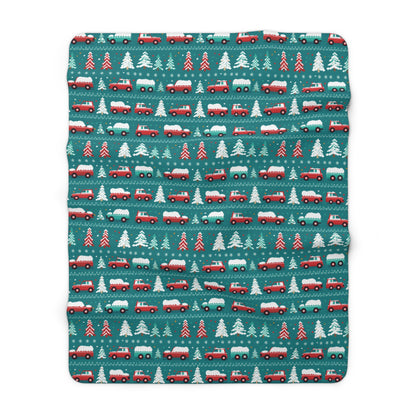 Winter Roadtrip Sherpa Blanket, Snowy Cars Vehicle-Themed Throw Blanket, Teal Blanket    - HolidayShoppingFinds