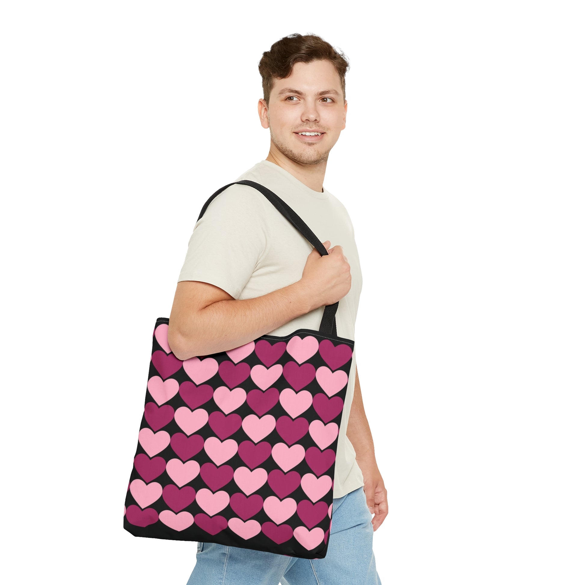 Big Pink & Purple Hearts Pattern Black Tote bag Valentines Day Gift    - HolidayShoppingFinds