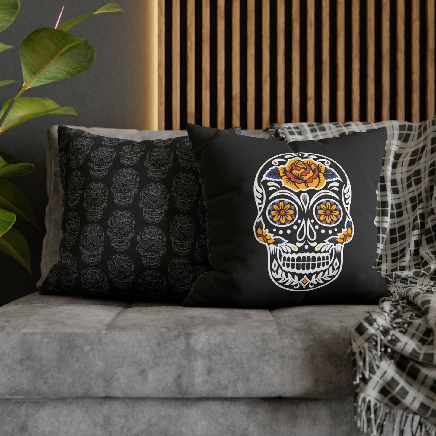 Sugar Skull Pillowcase, Day of the Dead Pillow, Dia De Los Muertos Pillow, Black Gothic Pillow, 2-Sided Square Pillow Cover 20" × 20"   - HolidayShoppingFinds