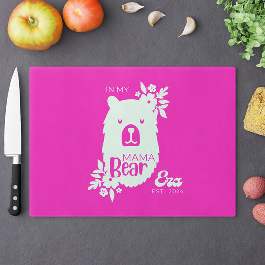 Custom Mama Bear Glass Cutting Board Pink, Kitchen Gift for Mom    - HolidayShoppingFinds