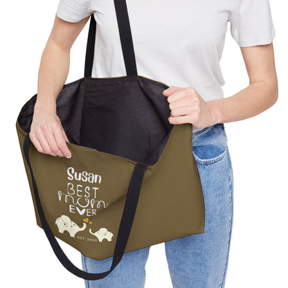 Personalized Best Mom Ever Weekender Bag for Mom, Khaki Baby Elephants Tote Bag    - HolidayShoppingFinds