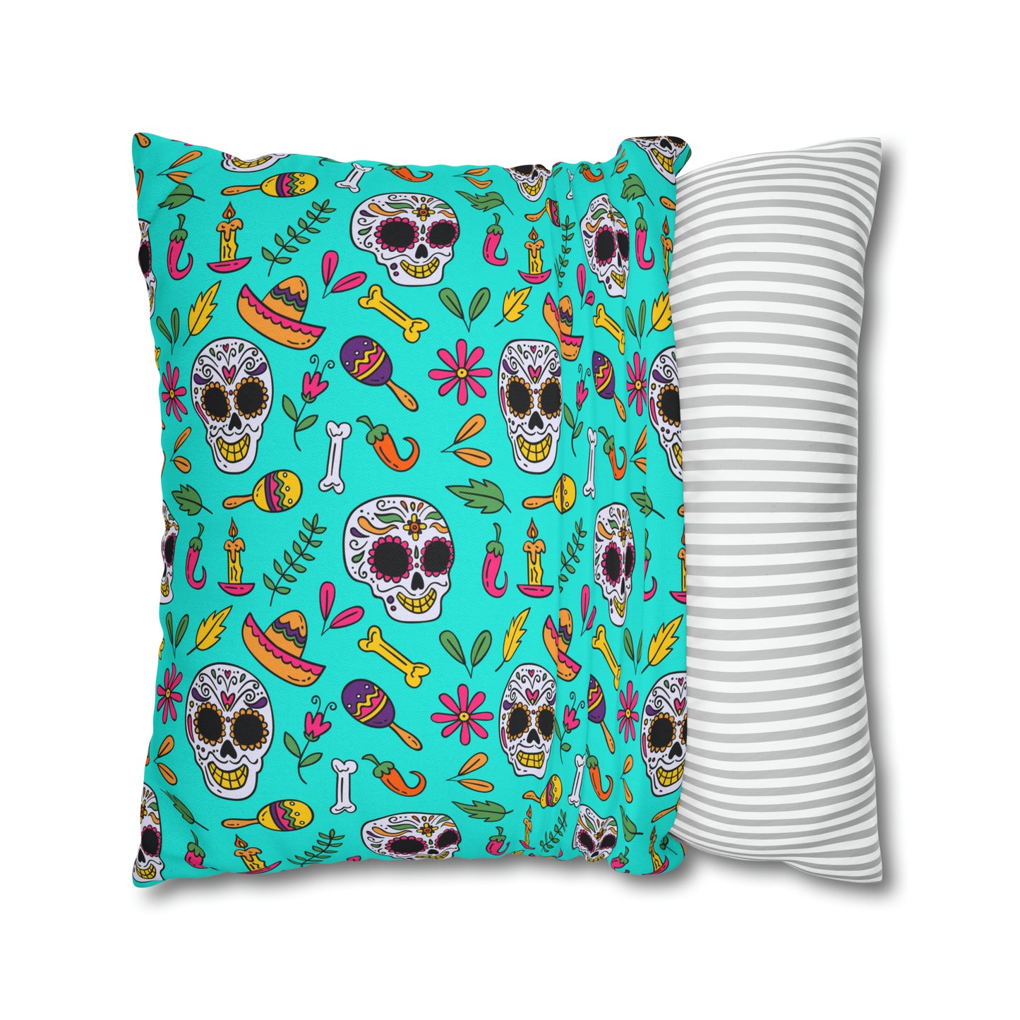 Sugar Skull Pillowcase, Day of the Dead Pillow Cover, Dia de Los Muertos Pillow, Halloween Pillow, Turquoise Decorative Square Pillow    - HolidayShoppingFinds