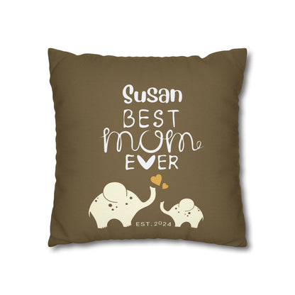 Personalized Best Mom Ever Gift Pillowcase, Gift for Mom, Elephants Khaki Pillow Cover    - HolidayShoppingFinds