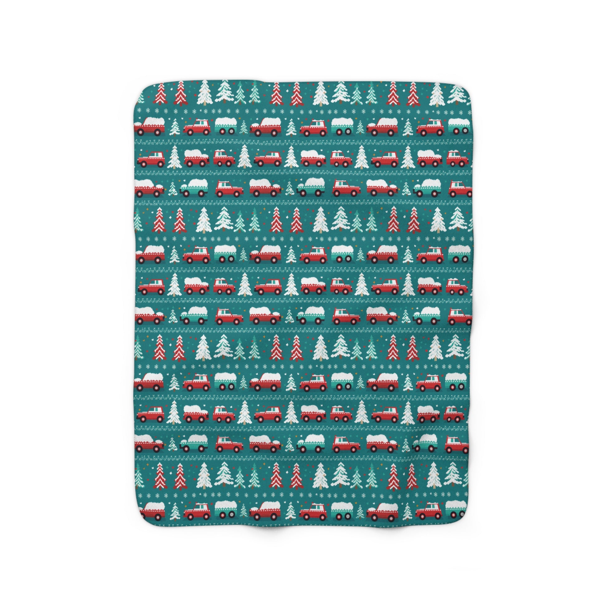 Winter Roadtrip Sherpa Blanket, Snowy Cars Vehicle-Themed Throw Blanket, Teal Blanket    - HolidayShoppingFinds