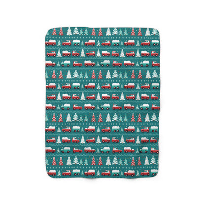 Winter Roadtrip Sherpa Blanket, Snowy Cars Vehicle-Themed Throw Blanket, Teal Blanket    - HolidayShoppingFinds