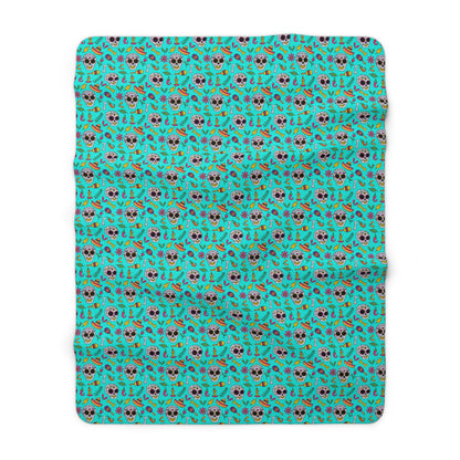 Sugar Skull Sherpa Blanket, Day of the Dead Turquoise Fleece Blanket    - HolidayShoppingFinds