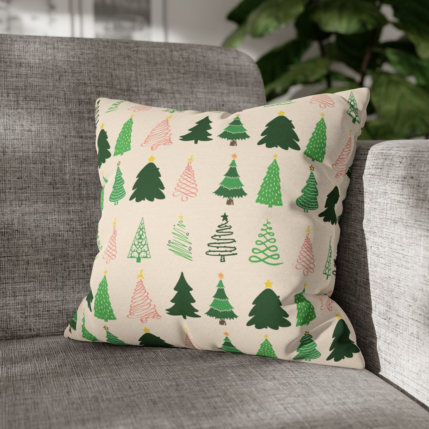 Christmas Trees Square Pillow Case, Creamy Ivory Winter Throw 16" × 16"   - HolidayShoppingFinds