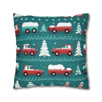 Winter Roadtrip Pillowcase, Snowy Car Teal Pillow Case Cover Vehicle-Themed Cushion Throw    - HolidayShoppingFinds