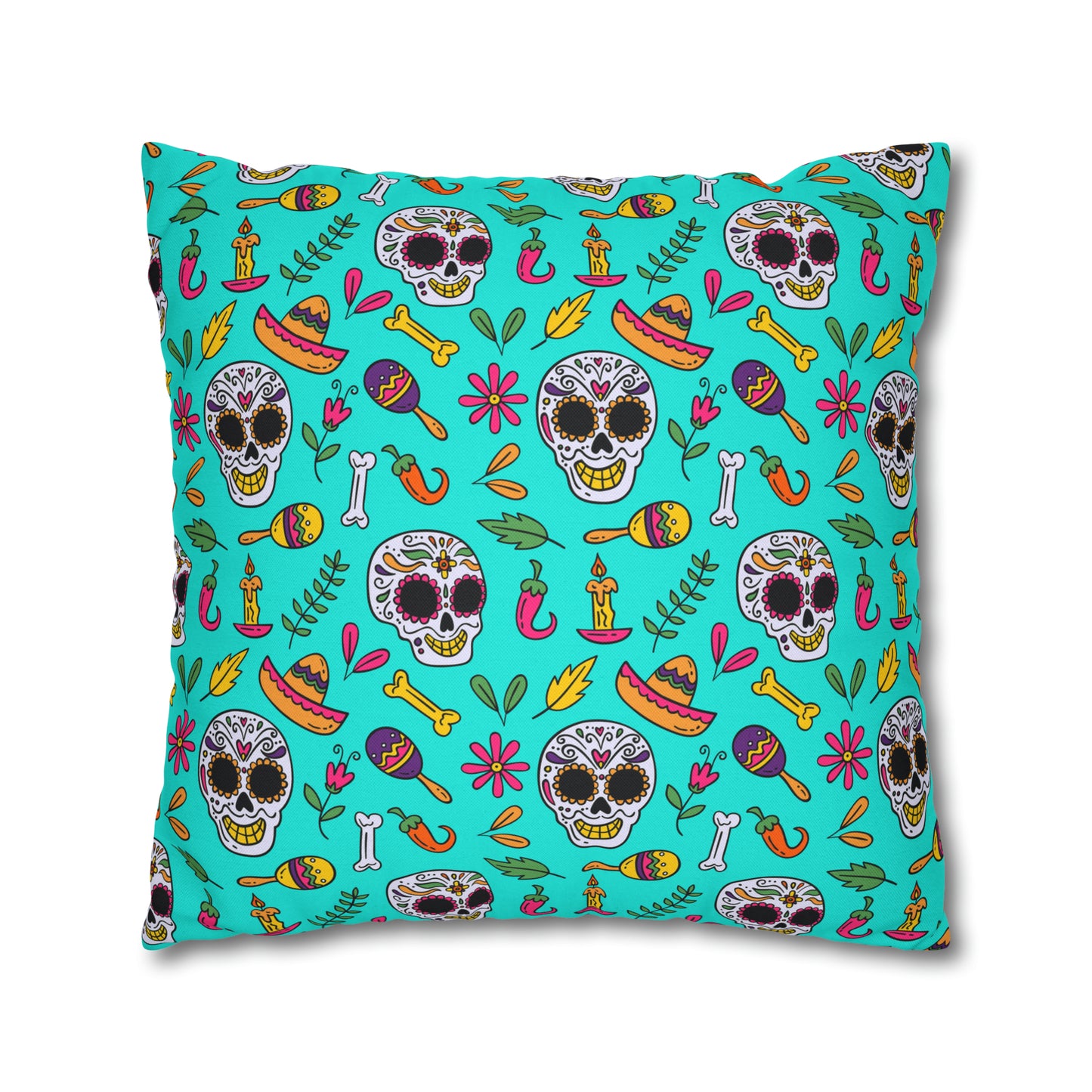 Sugar Skull Pillowcase, Day of the Dead Pillow Cover, Dia de Los Muertos Pillow, Halloween Pillow, Turquoise Decorative Square Pillow    - HolidayShoppingFinds