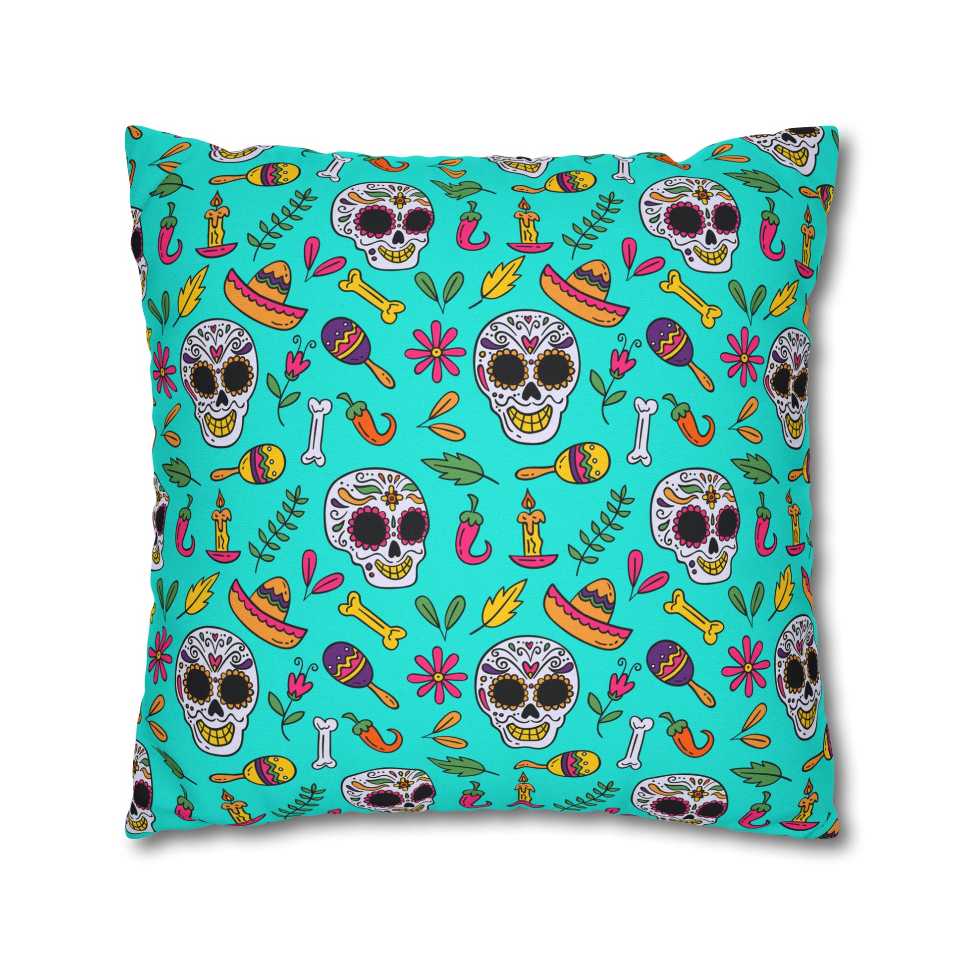 Sugar Skull Pillowcase, Day of the Dead Pillow Cover, Dia de Los Muertos Pillow, Halloween Pillow, Turquoise Decorative Square Pillow    - HolidayShoppingFinds