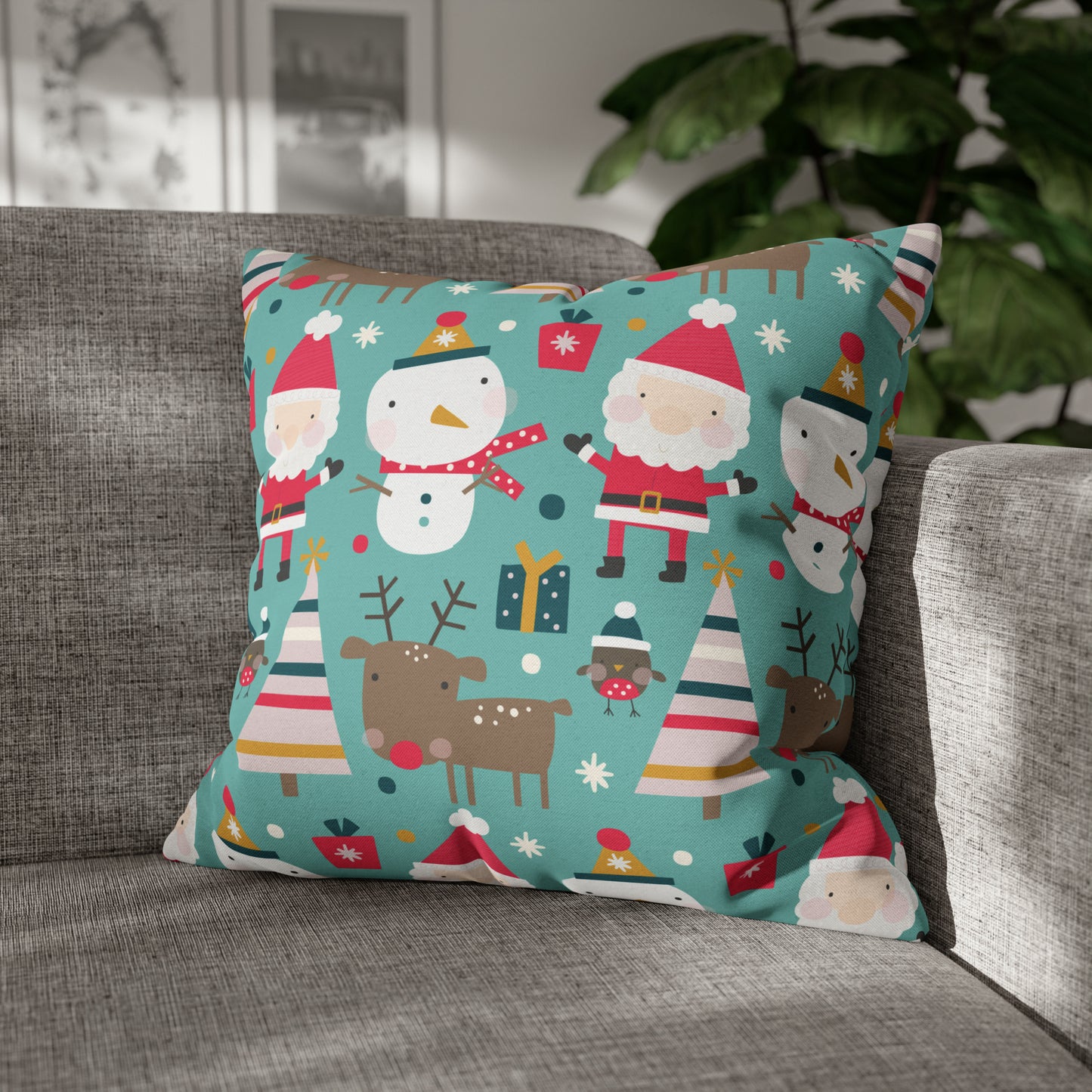 Merry Trio Green Pillowcase with Santa, Snowman & Reindeer Pillow Case Cover 20" × 20"   - HolidayShoppingFinds