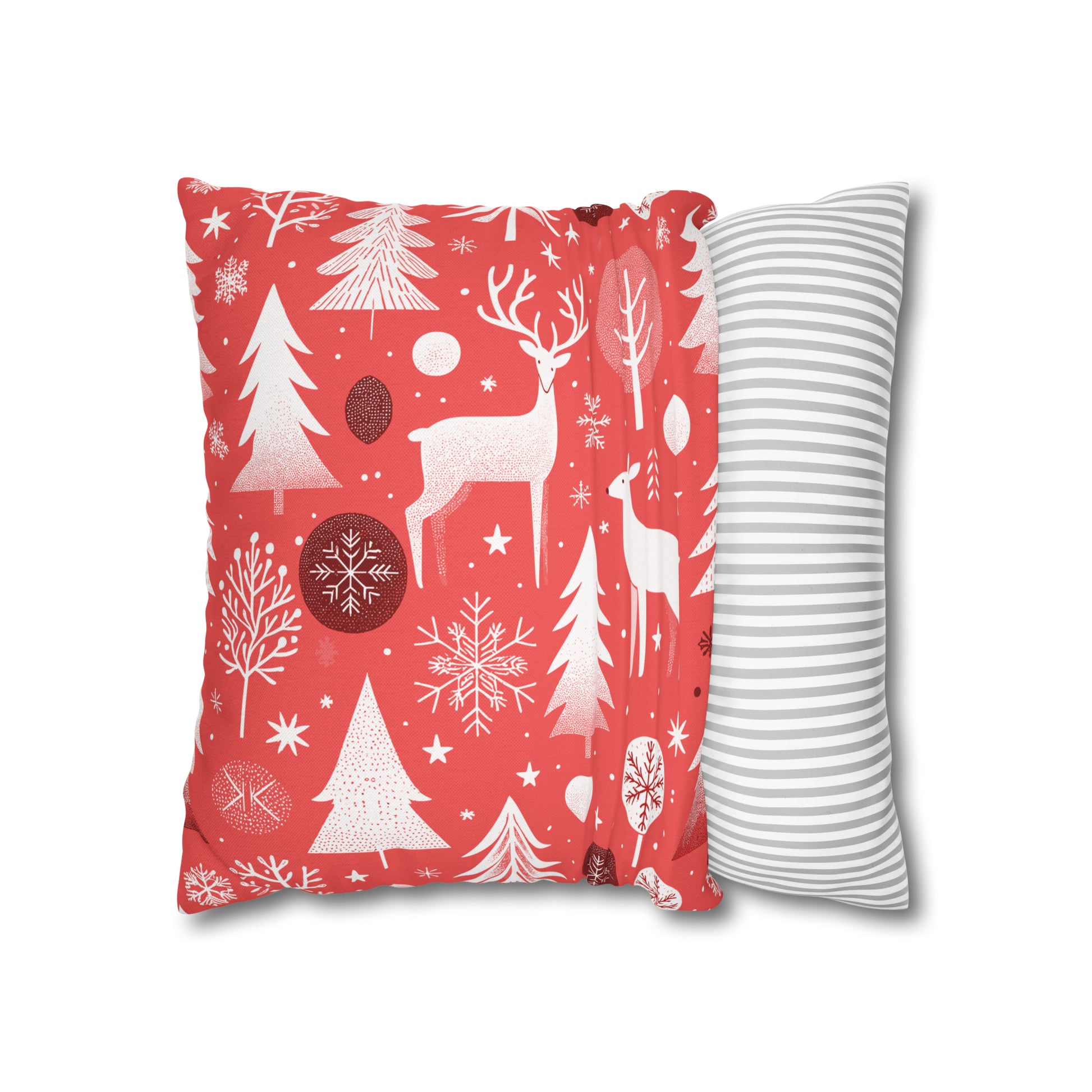 Red Holiday Pillowcase, Winter Pillow Case with Deers, Christmas Trees & Snowflakes, Holiday Gift    - HolidayShoppingFinds