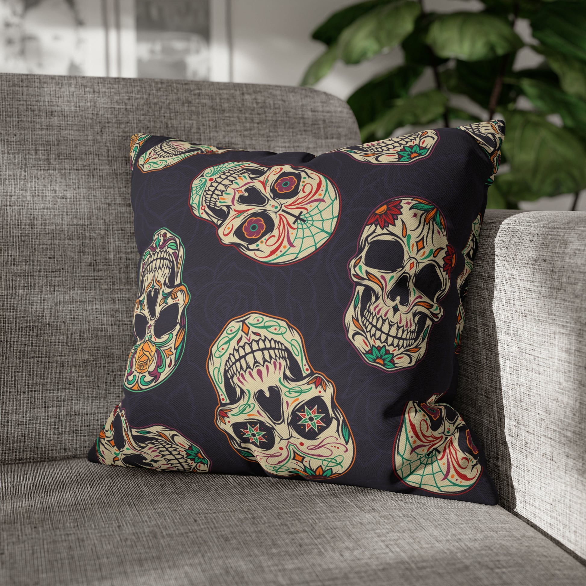 Sugar Skull Pillowcase, Day of the Dead Dia De Los Muertos Purple Pillow, Square 2-Sided Accent Pillow Cover 18" × 18"   - HolidayShoppingFinds