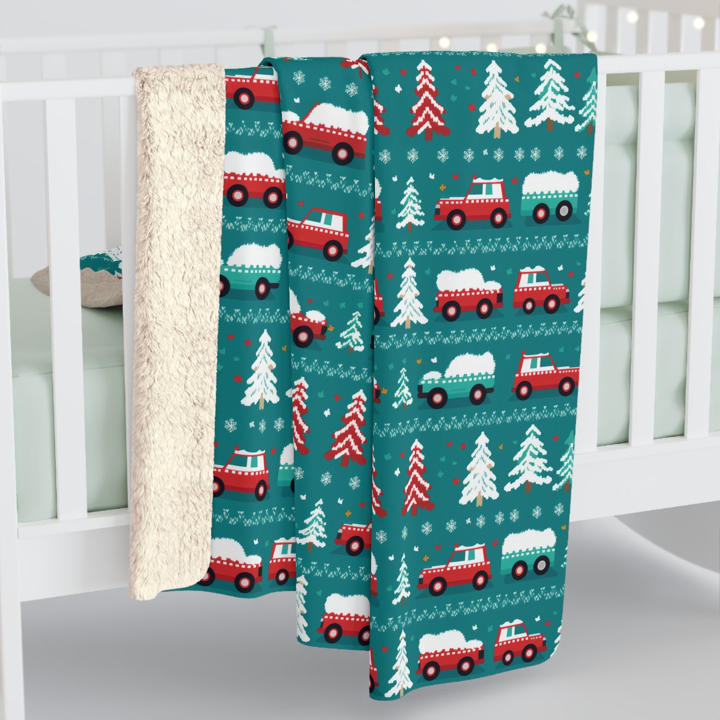 Winter Roadtrip Sherpa Blanket, Snowy Cars Vehicle-Themed Throw Blanket, Teal Blanket    - HolidayShoppingFinds