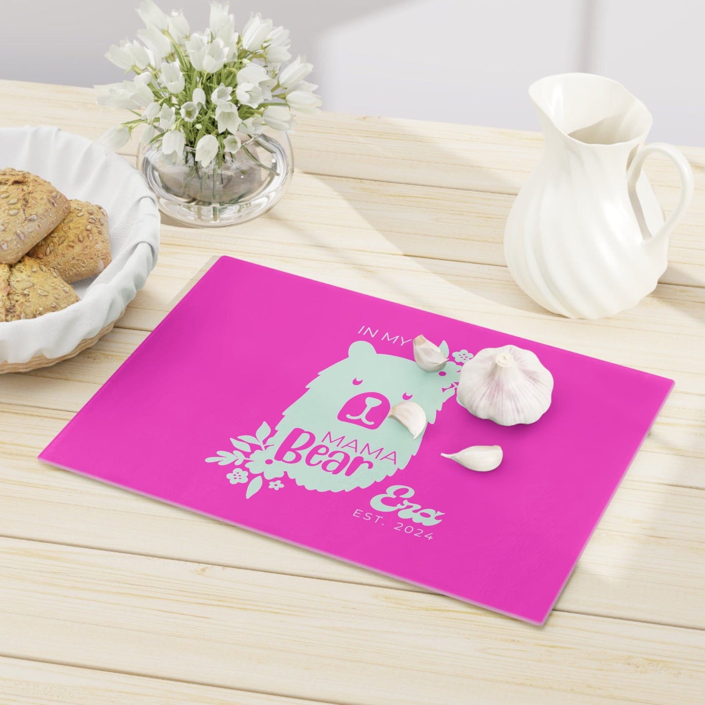 Custom Mama Bear Glass Cutting Board Pink, Kitchen Gift for Mom    - HolidayShoppingFinds