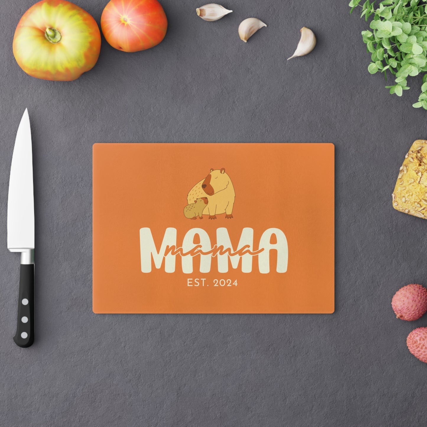 Personalized Mama Capybara Glass Cutting Board Orange, Gift For Moms    - HolidayShoppingFinds