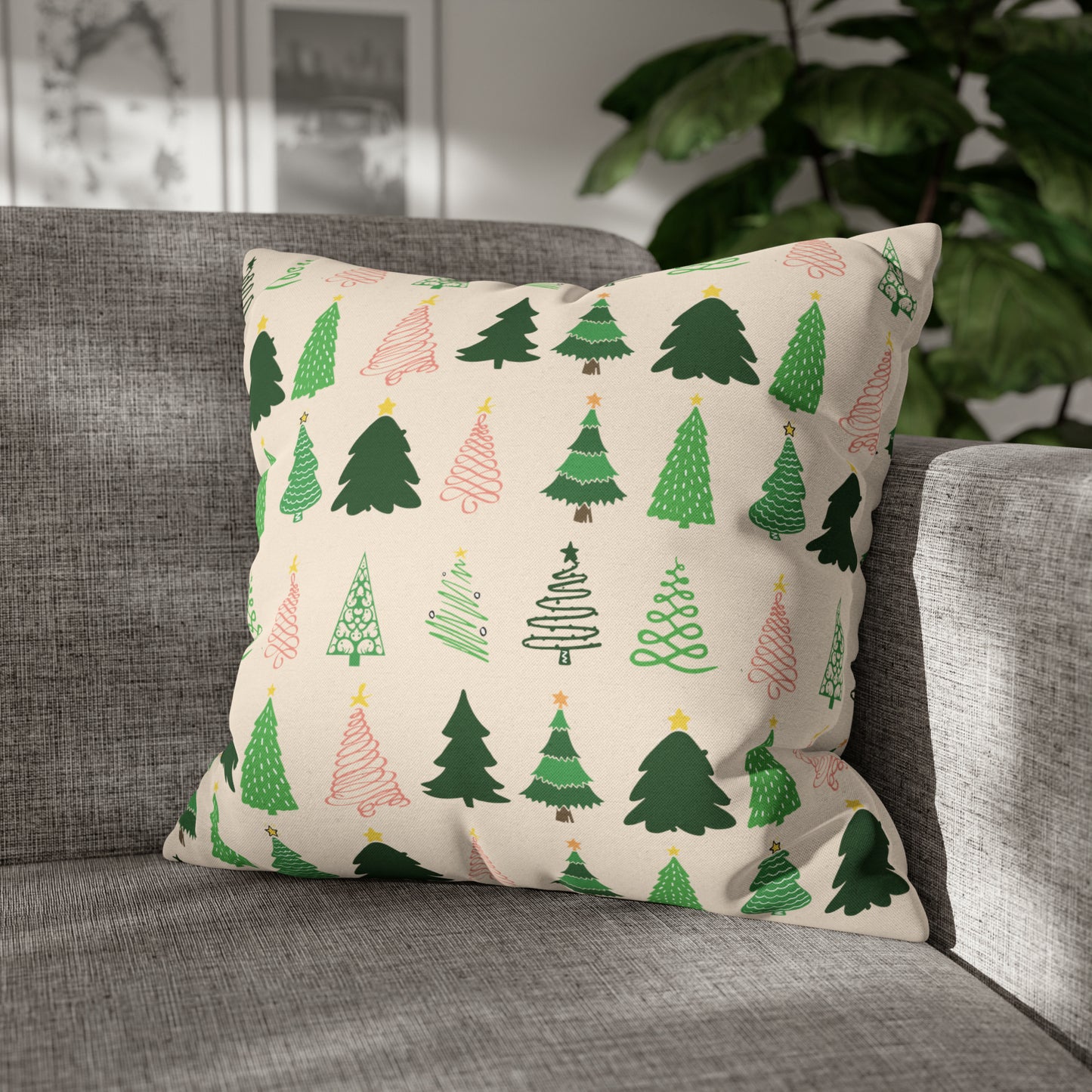 Christmas Trees Square Pillow Case, Creamy Ivory Winter Throw 20" × 20"   - HolidayShoppingFinds