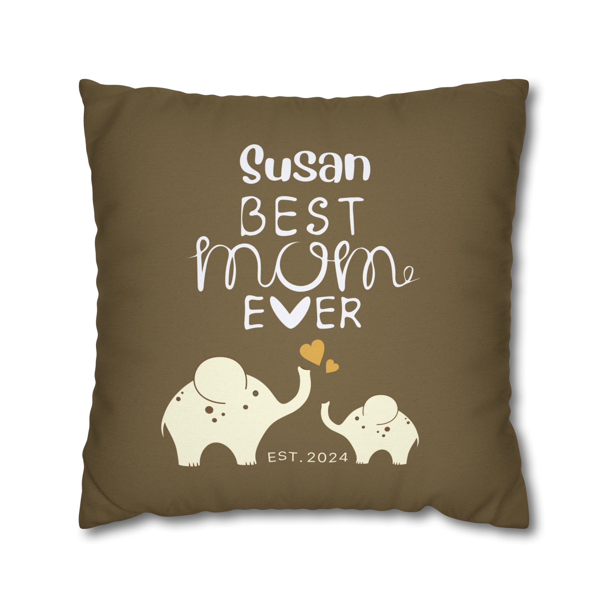 Personalized Best Mom Ever Gift Pillowcase, Gift for Mom, Elephants Khaki Pillow Cover    - HolidayShoppingFinds