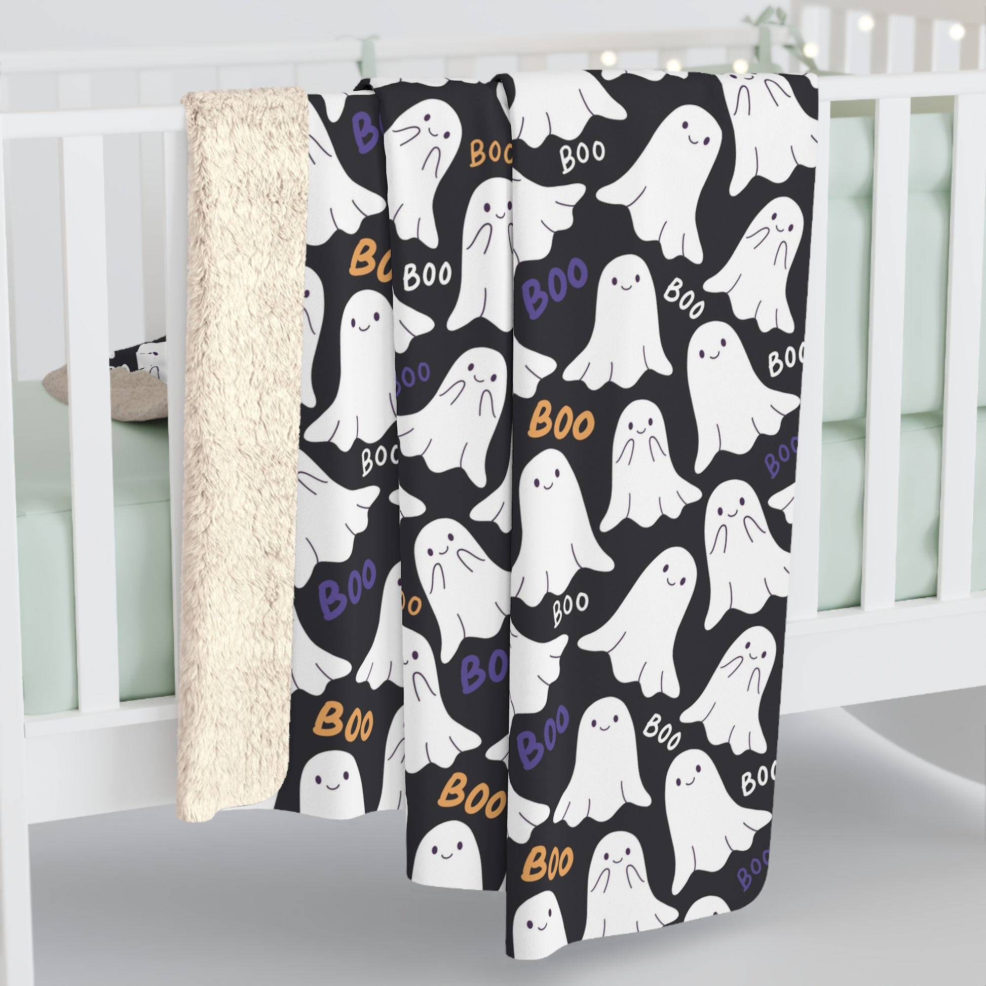 BOO Ghost Sherpa Blanket, Halloween Ghostly Throw Blanket, Black Fleece Blanket, Cozy Sofa Blanket    - HolidayShoppingFinds