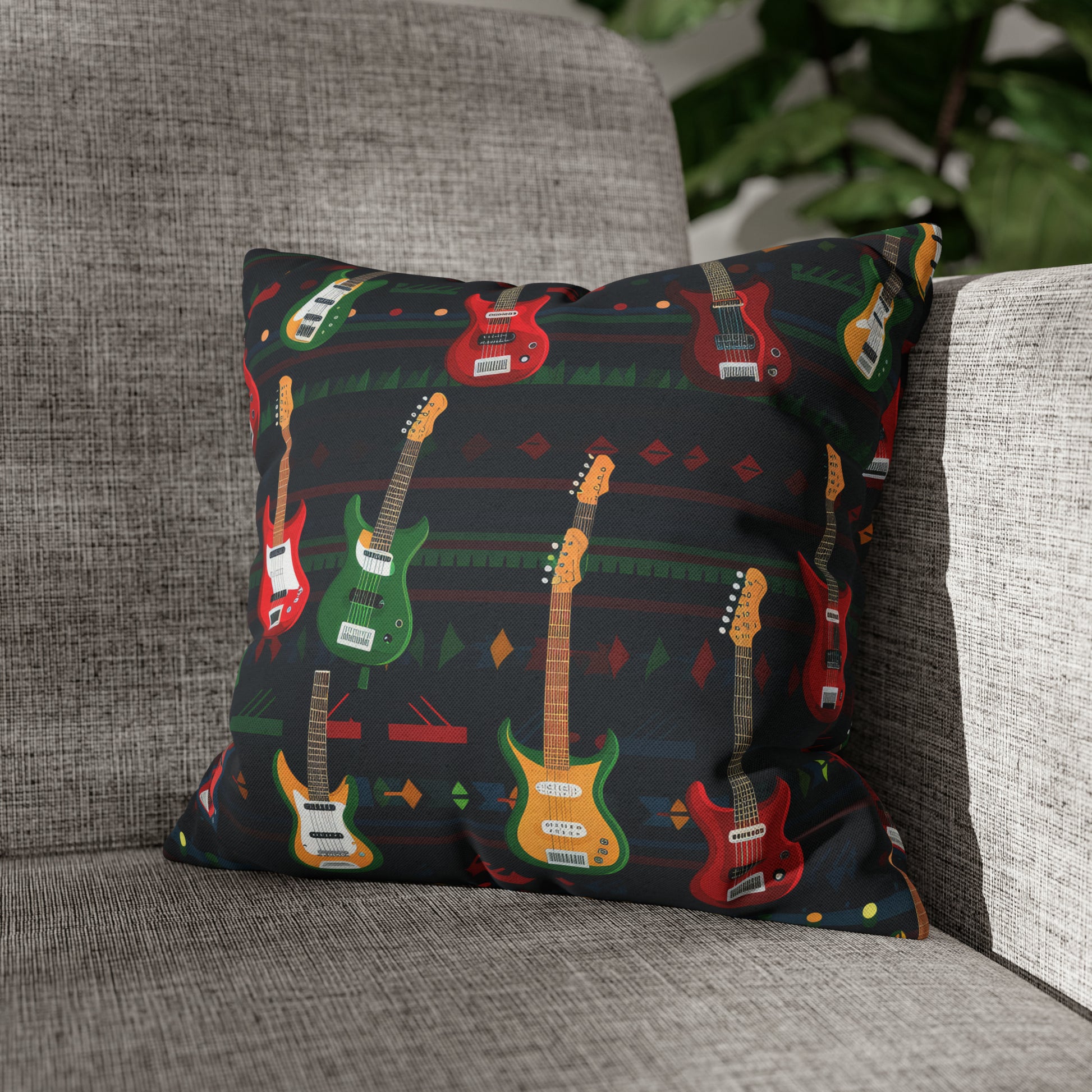 Rockstar Electric Guitar Pillowcase Cover, Red Green Yellow Guitars Accent Pillow 14" × 14"   - HolidayShoppingFinds