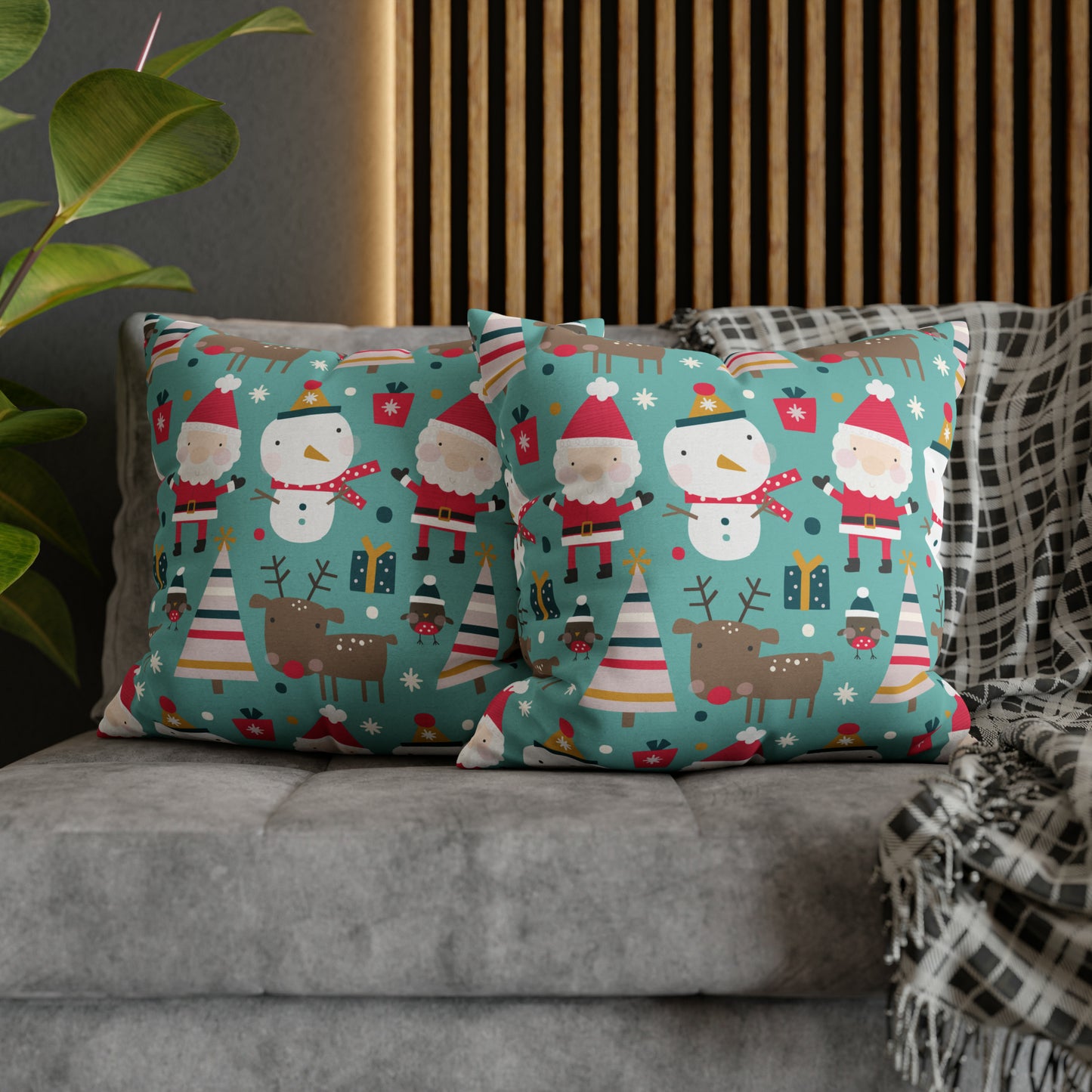 Merry Trio Green Pillowcase with Santa, Snowman & Reindeer Pillow Case Cover    - HolidayShoppingFinds