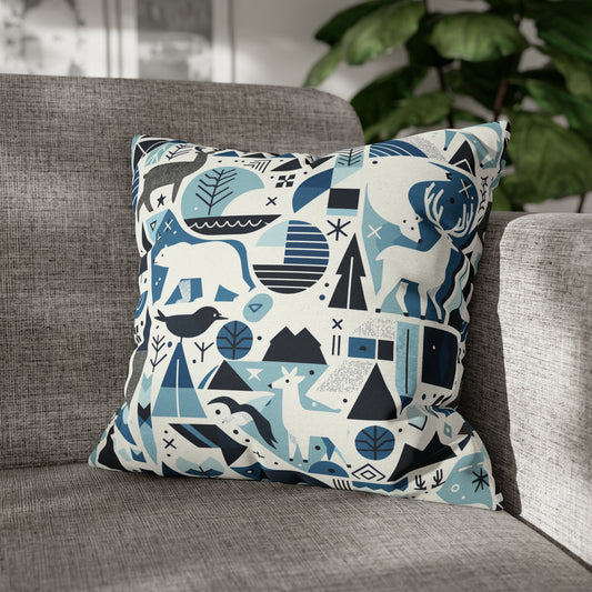 Frozen Forrest Pillowcase, Abstract Blue Pillow Case with Bears, Deers, Winter Pillow Cover 18" × 18"   - HolidayShoppingFinds