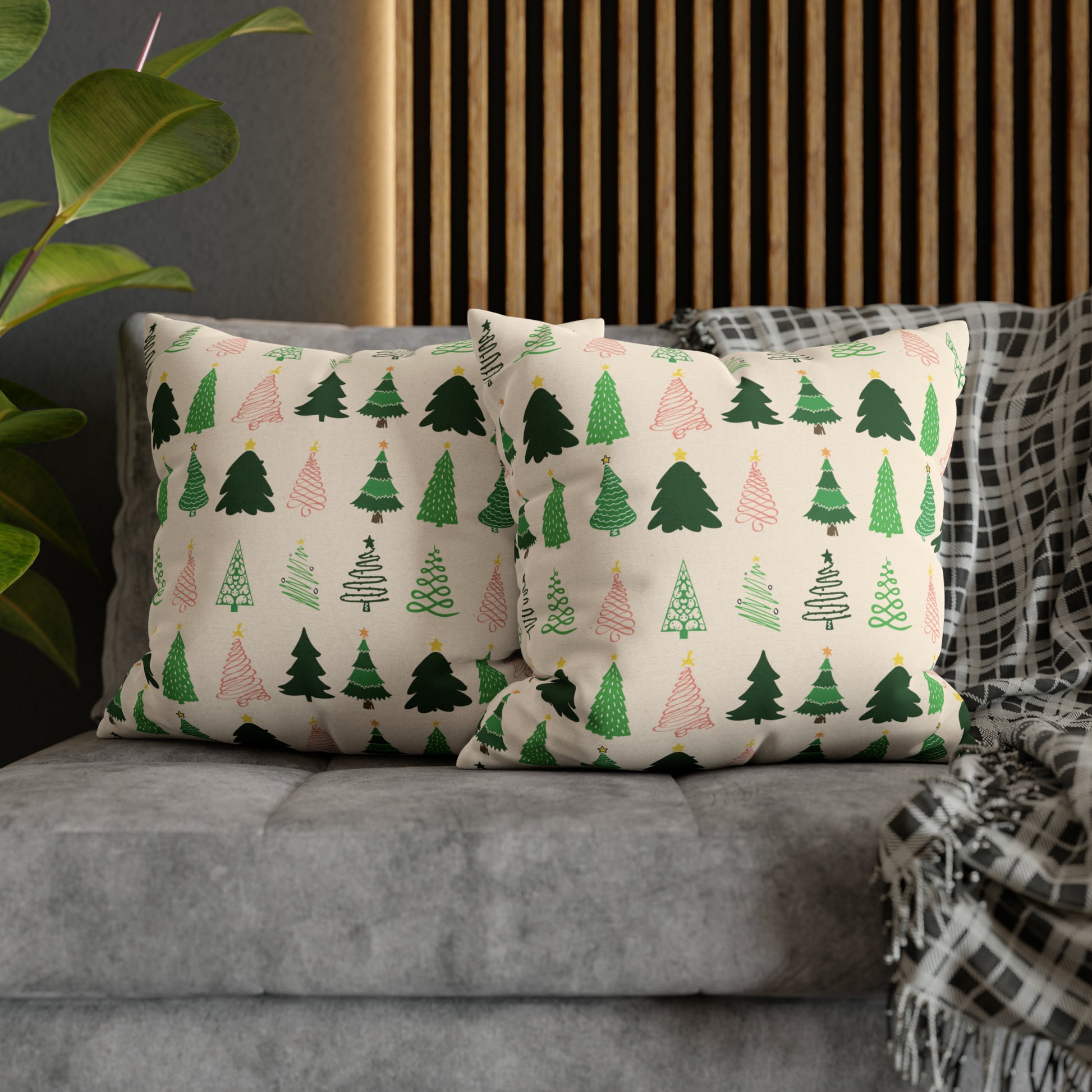 Christmas Trees Square Pillow Case, Creamy Ivory Winter Throw    - HolidayShoppingFinds