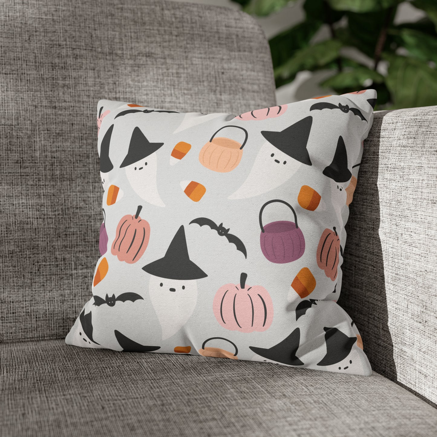 Whimsical Pillowcase, Halloween Ghost Bats Witch Hat Pumpkin Gray Pillow    - HolidayShoppingFinds