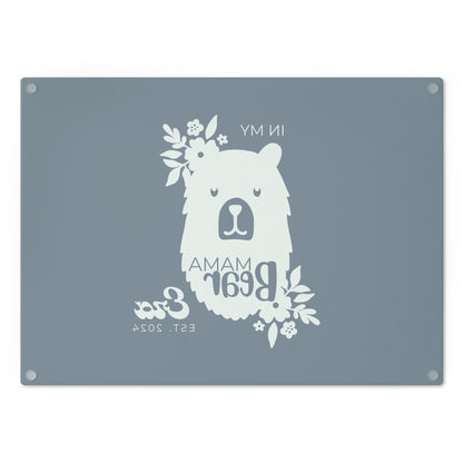 Custom Mama Bear Era Glass Cutting Board Blue, Kitchen Gift for Mom    - HolidayShoppingFinds