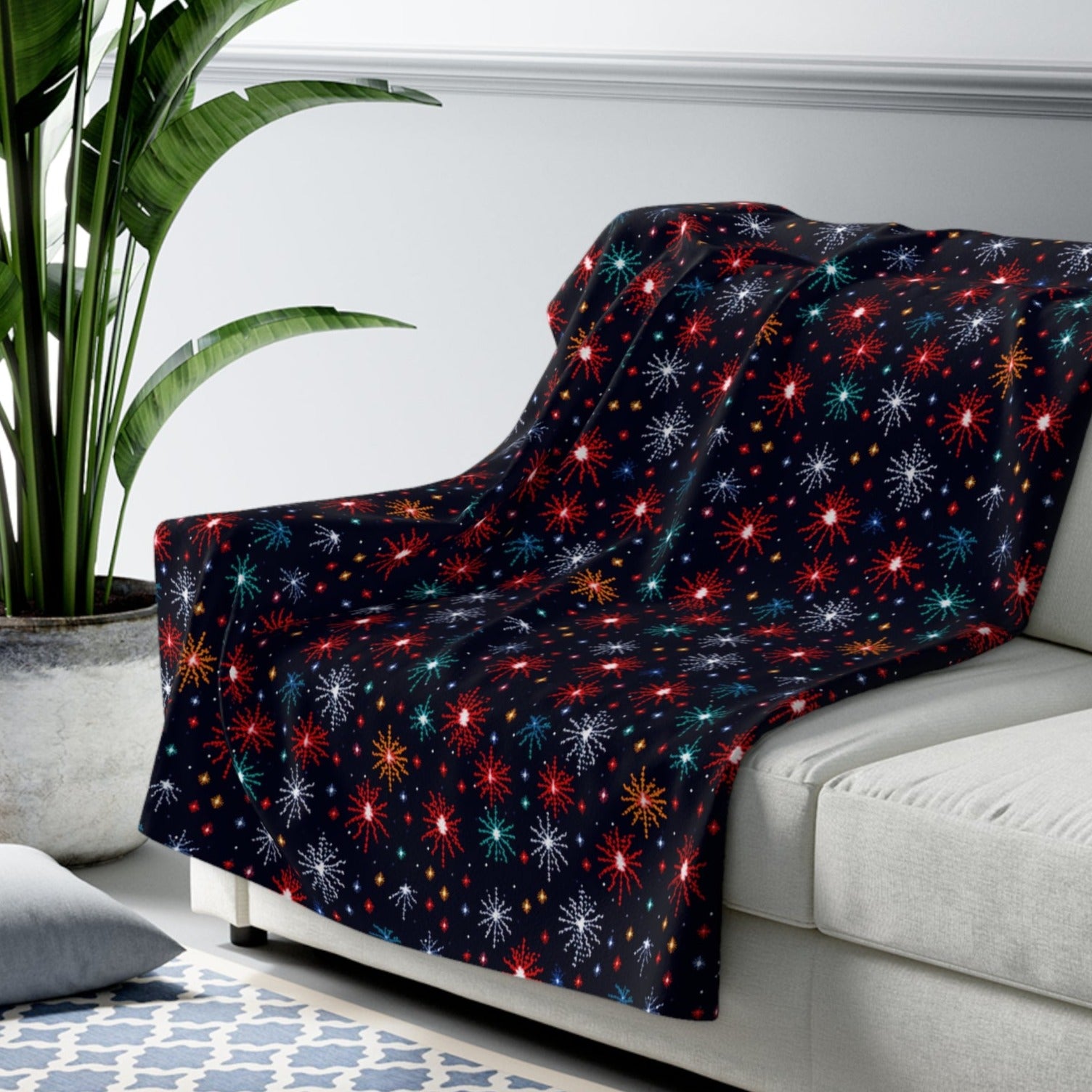 Fireworks Sherpa Blanket, Festive Throw Black Blanket, NYE 4th of July Home Décor 50" × 60"   - HolidayShoppingFinds