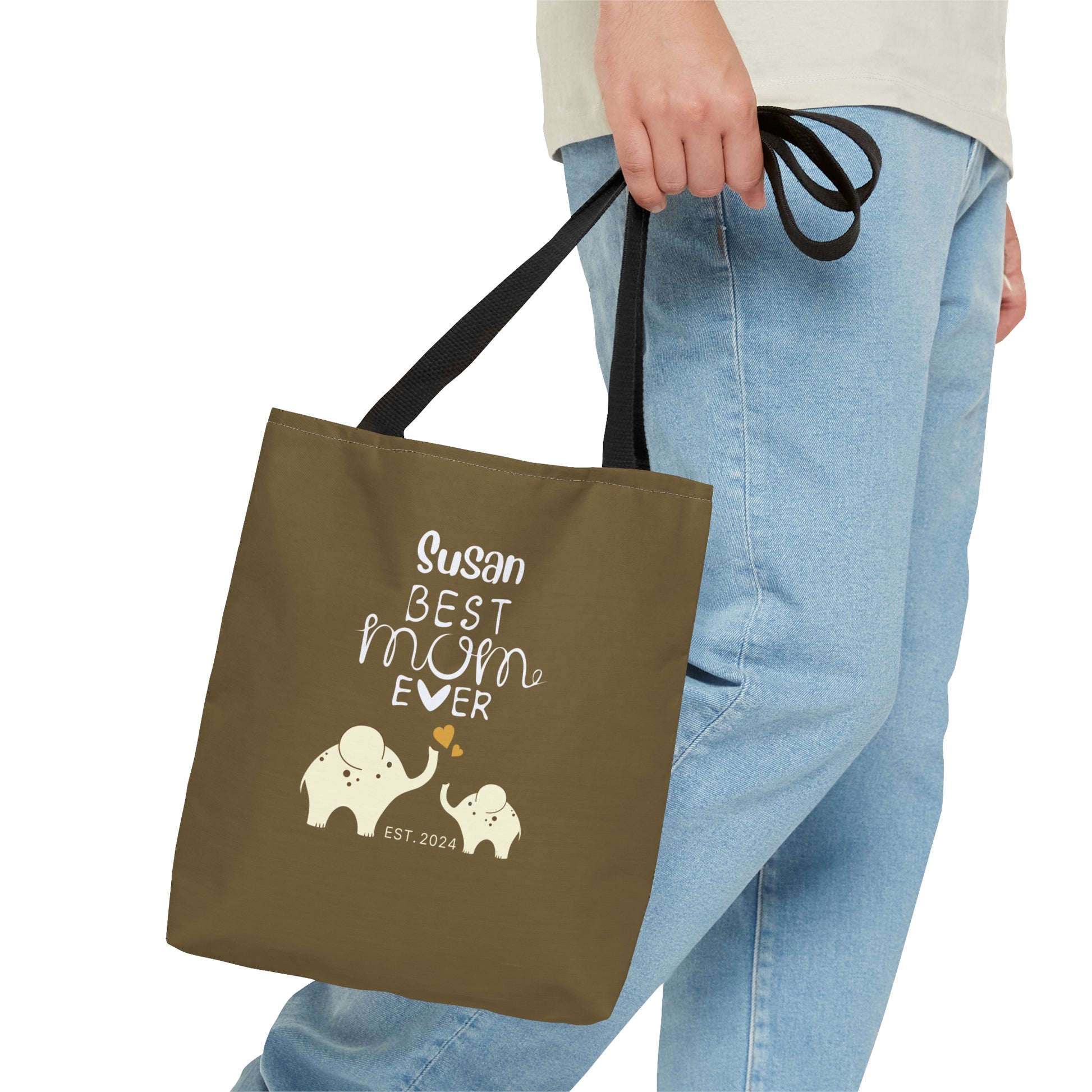 Personalized Best Mom Ever Tote Bag Gift for Mom, Baby Elephants Khaki Tote    - HolidayShoppingFinds