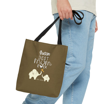 Personalized Best Mom Ever Tote Bag Gift for Mom, Baby Elephants Khaki Tote    - HolidayShoppingFinds