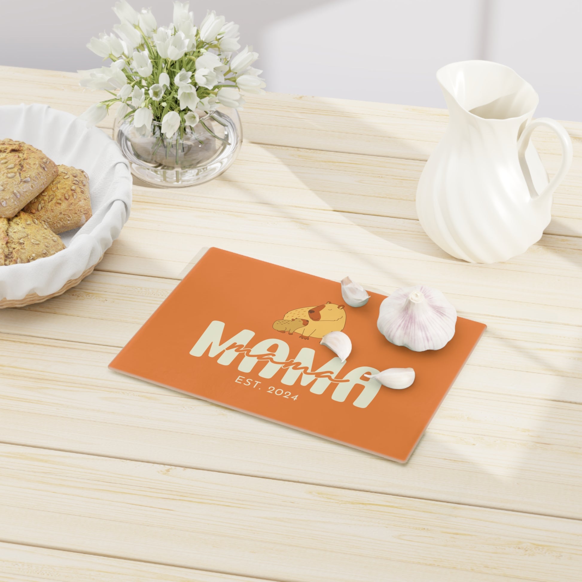 Personalized Mama Capybara Glass Cutting Board Orange, Gift For Moms    - HolidayShoppingFinds