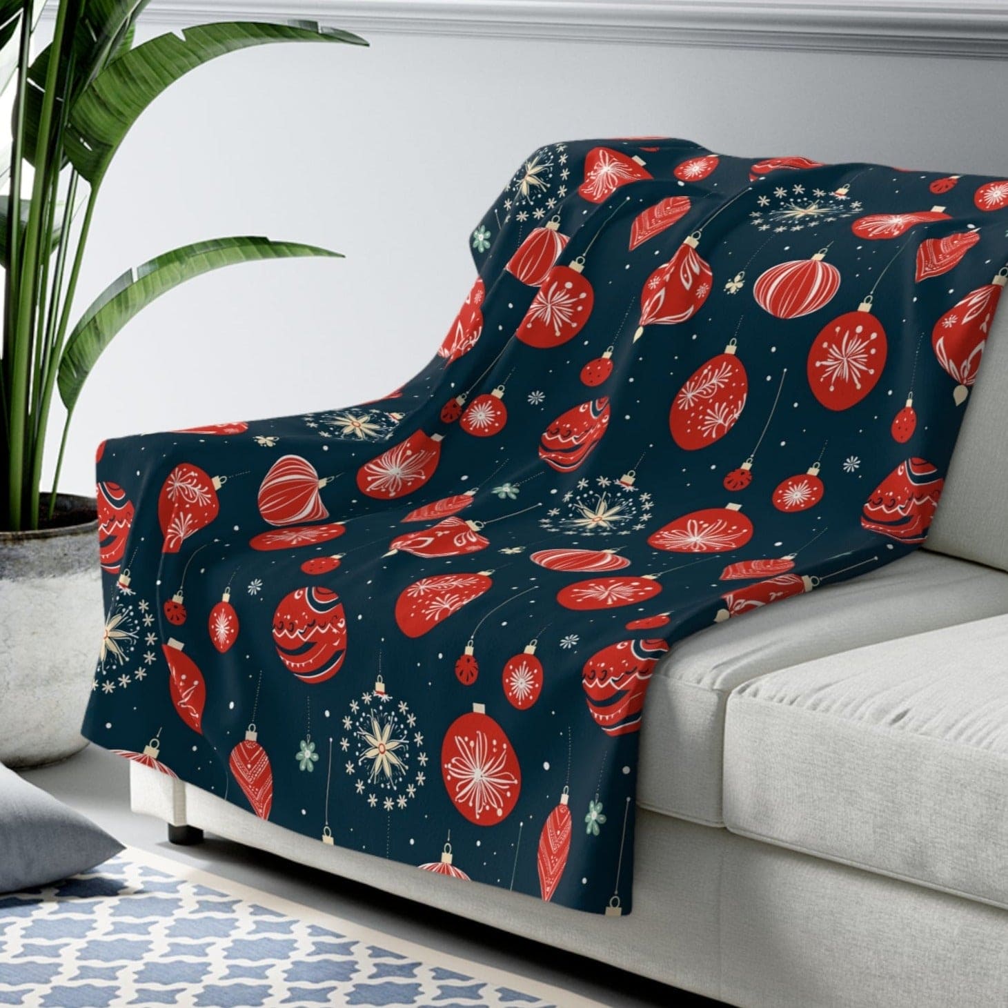 Christmas Ornaments Blanket, Winter Holiday Red Festive Sherpa Fleece Blanket, Cozy Throw Blanket, Holiday Gift 50" × 60"   - HolidayShoppingFinds