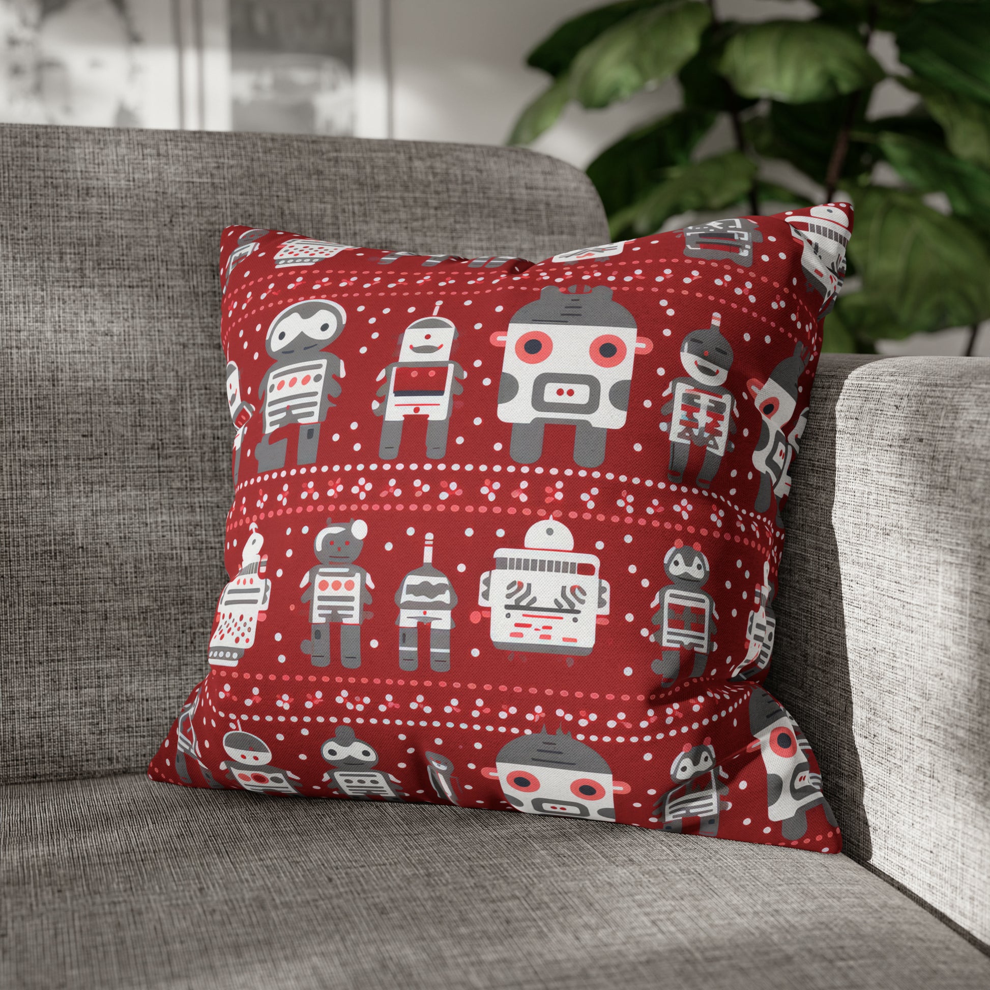 Holiday Robots Red Pillowcase, Gamers Pillow Case Cover, Tech Lovers Cushion Throw, Holiday Gift 18" × 18"   - HolidayShoppingFinds