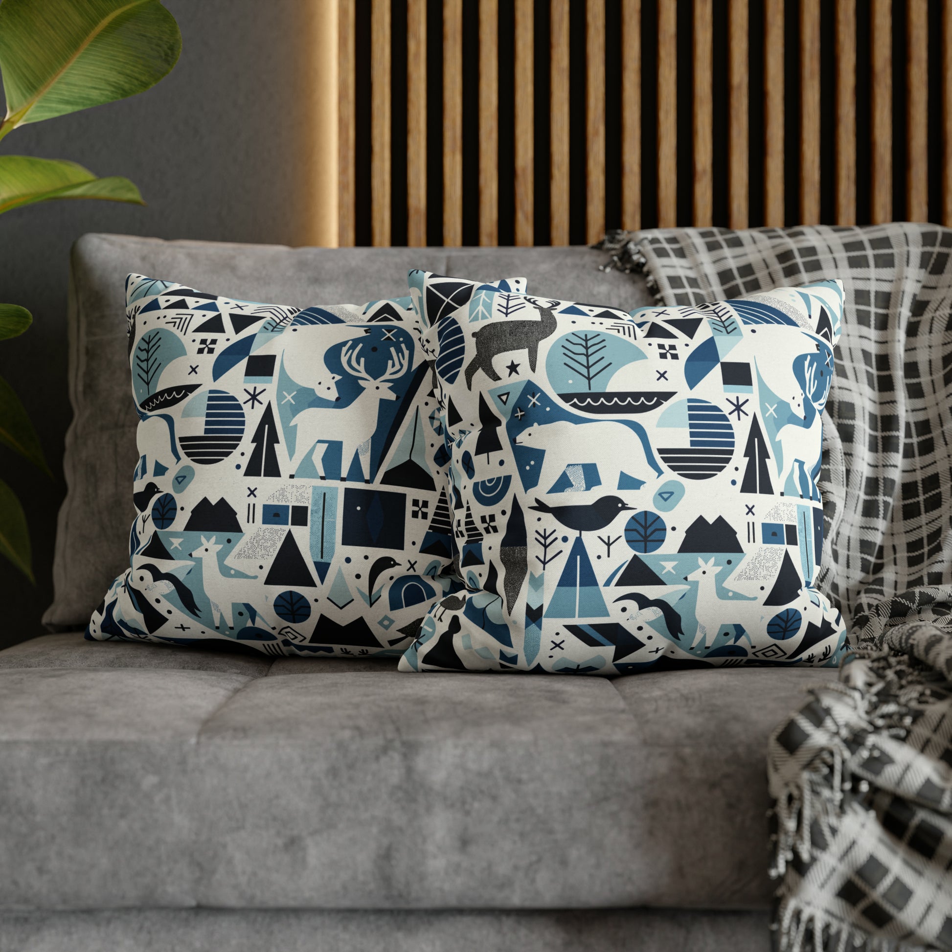 Frozen Forrest Pillowcase, Abstract Blue Pillow Case with Bears, Deers, Winter Pillow Cover    - HolidayShoppingFinds